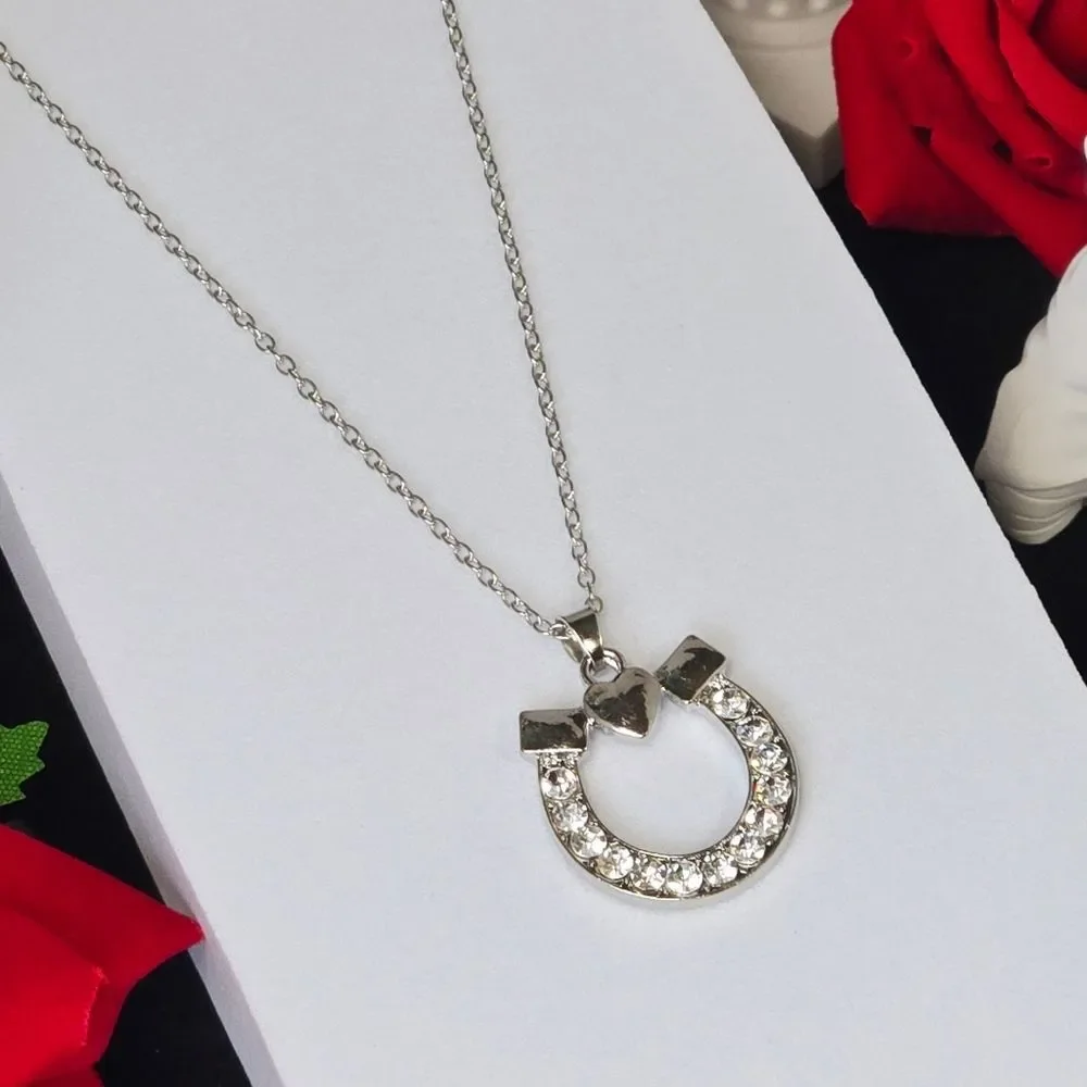 Silver Horseshoe Pendant Necklace Rhinestone Lucky Charm Equestrian Jewelry 20